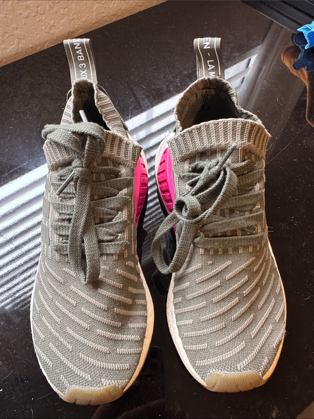 Adidas Women’s Knit Athletic Sneakers in Olive with Pink Accent